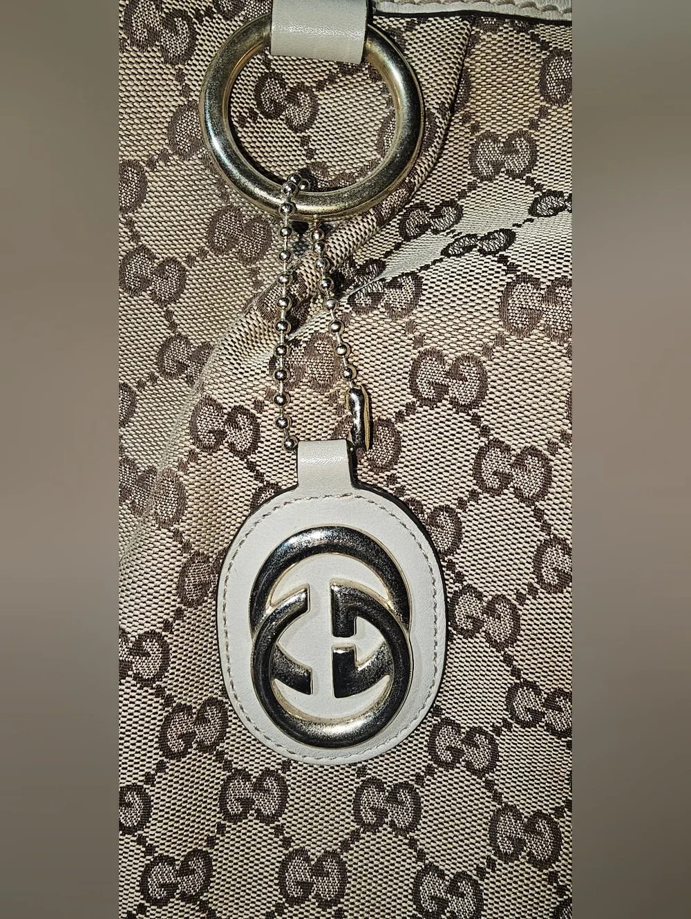 Authentic Gucci Beige Monogram Canvas Sukey Shoulder Bag with Ivory Trim Vintage